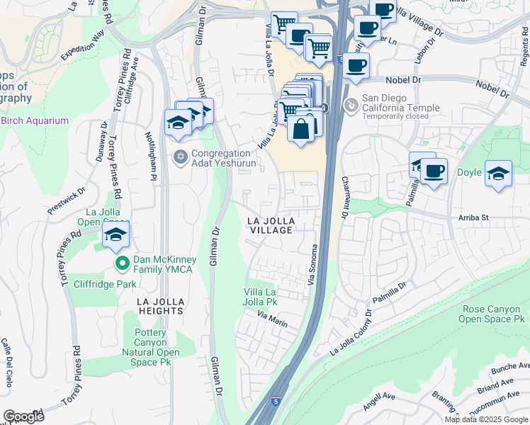 map of restaurants, bars, coffee shops, grocery stores, and more near 8524 Via Mallorca in San Diego