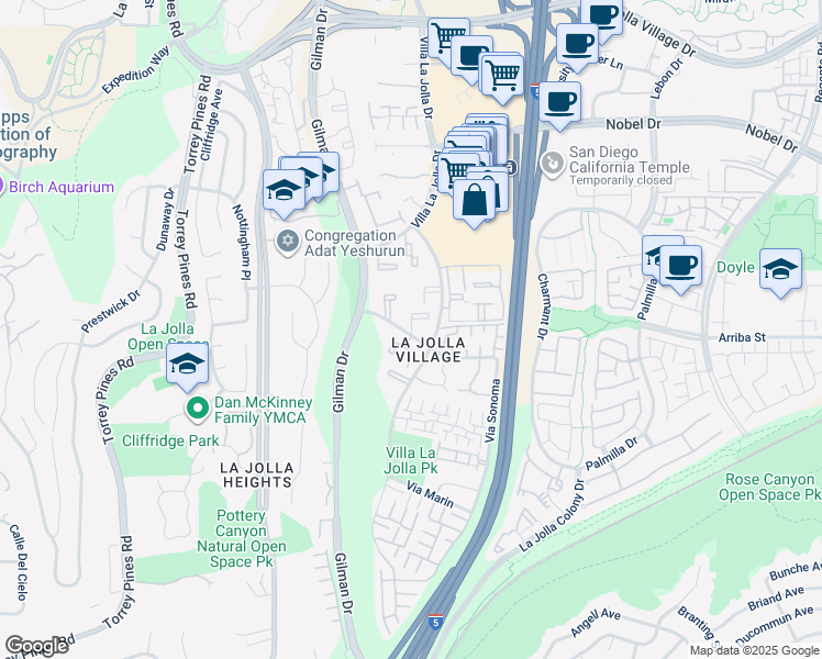 map of restaurants, bars, coffee shops, grocery stores, and more near 8524 Via Mallorca in San Diego