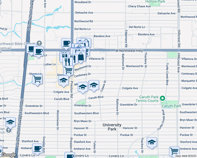 map of restaurants, bars, coffee shops, grocery stores, and more near 3913 Centenary Avenue in Dallas