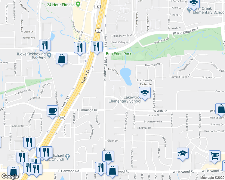 map of restaurants, bars, coffee shops, grocery stores, and more near 1050 West Ash Lane in Euless