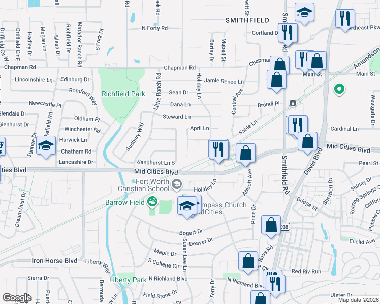 map of restaurants, bars, coffee shops, grocery stores, and more near 6323 Christy Court in North Richland Hills