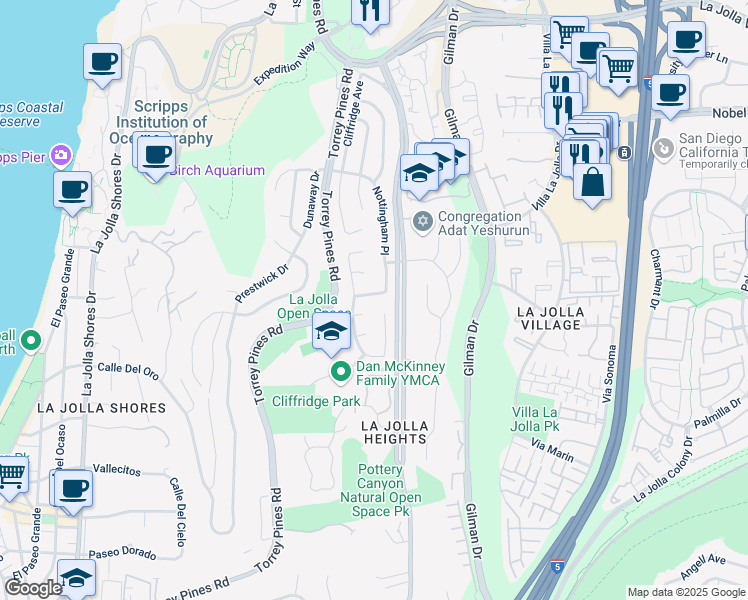 map of restaurants, bars, coffee shops, grocery stores, and more near 8525 Nottingham Place in San Diego