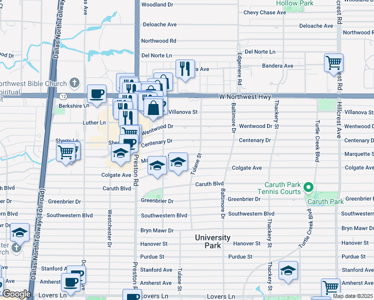 map of restaurants, bars, coffee shops, grocery stores, and more near 3913 Centenary Avenue in Dallas