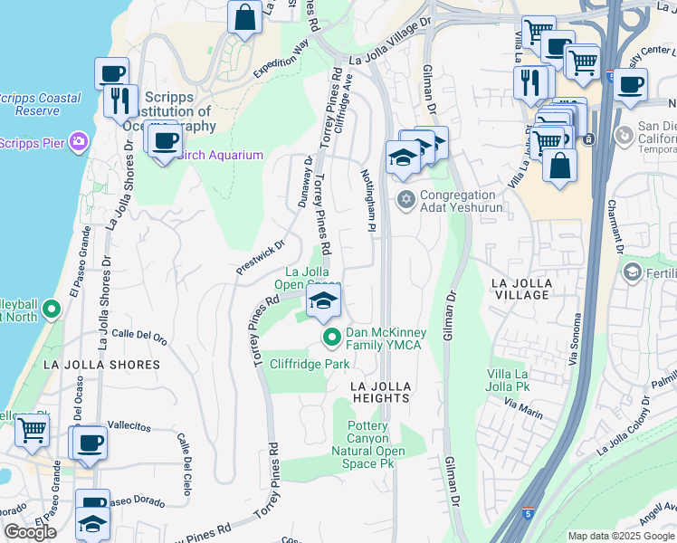 map of restaurants, bars, coffee shops, grocery stores, and more near 8554 Cliffridge Avenue in San Diego