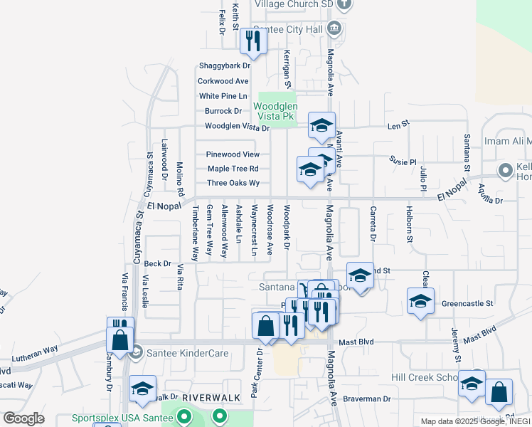 map of restaurants, bars, coffee shops, grocery stores, and more near 10134 Woodrose Avenue in Santee