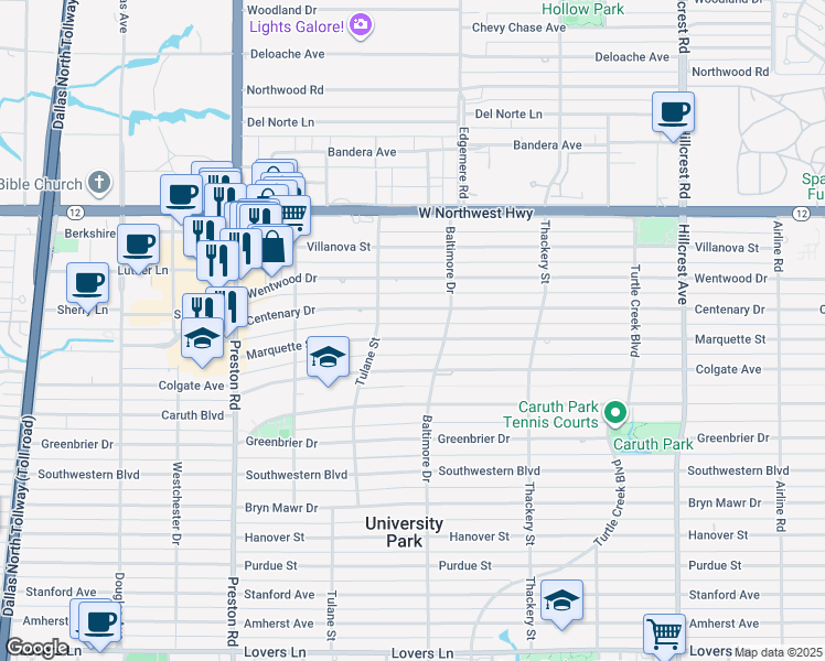 map of restaurants, bars, coffee shops, grocery stores, and more near 3837 Centenary Avenue in Dallas