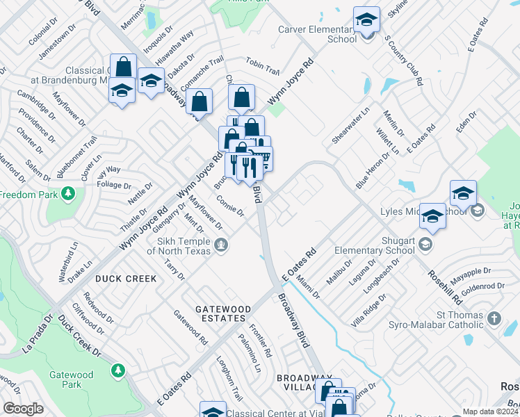 map of restaurants, bars, coffee shops, grocery stores, and more near 789 Gatewood Road in Garland