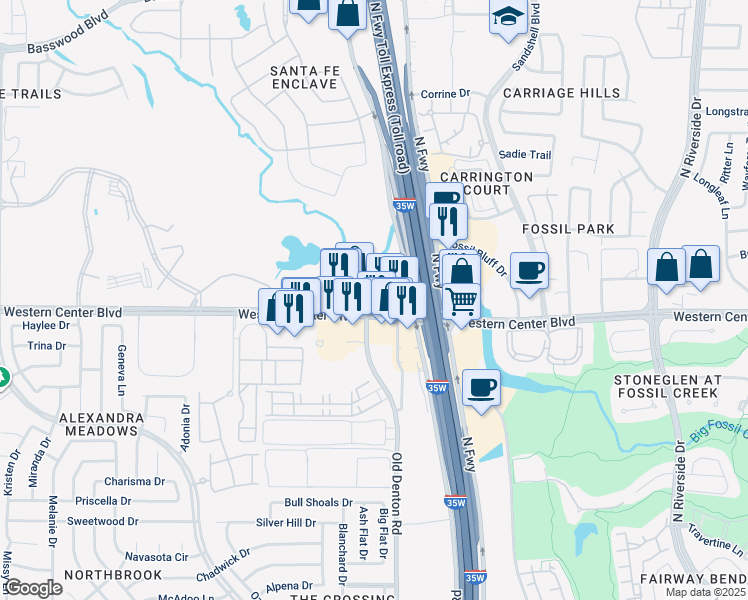 map of restaurants, bars, coffee shops, grocery stores, and more near 3001 Fair Drive in Fort Worth
