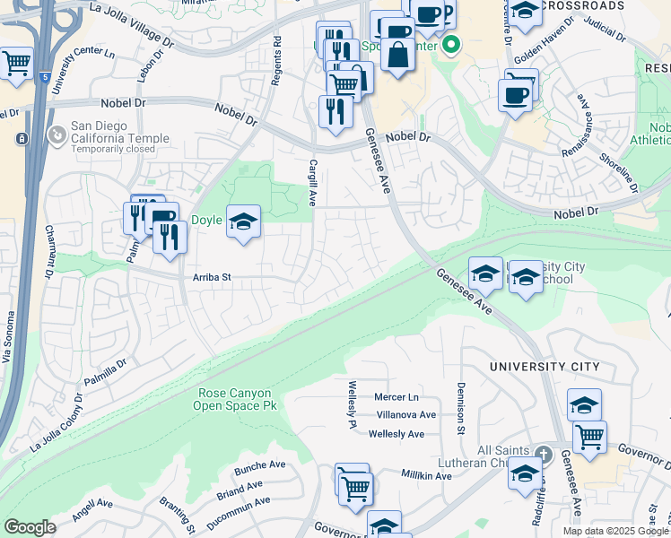 map of restaurants, bars, coffee shops, grocery stores, and more near 7880 Camino Huerta in San Diego
