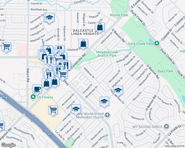 map of restaurants, bars, coffee shops, grocery stores, and more near 4826 Wildbriar Drive in Garland