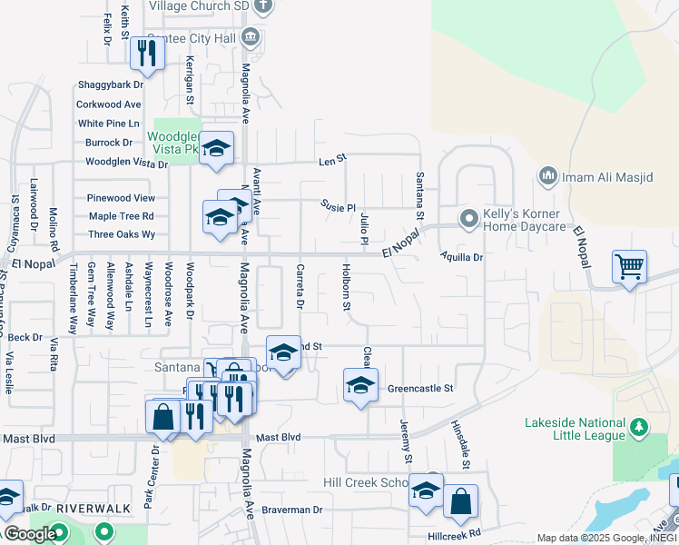map of restaurants, bars, coffee shops, grocery stores, and more near 10707 El Nopal in Santee