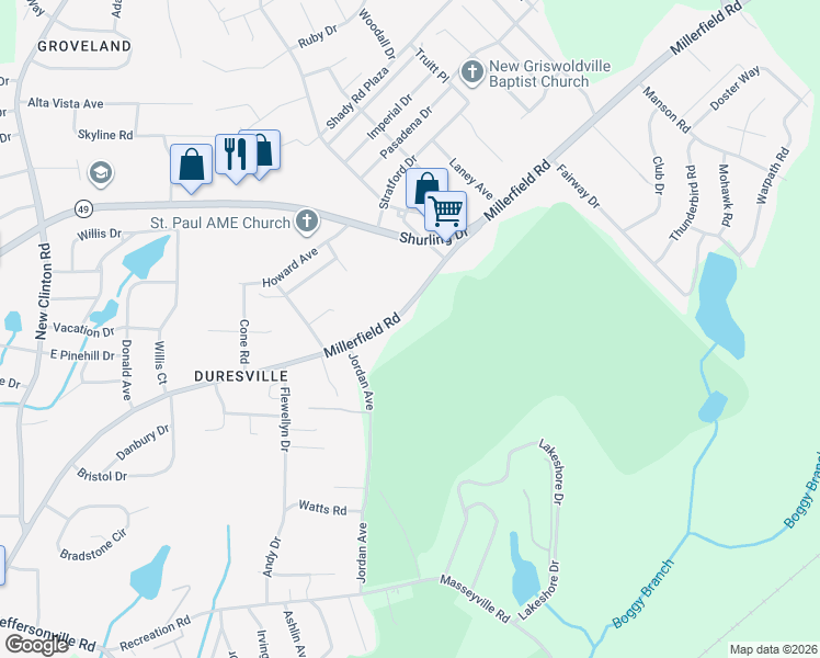 map of restaurants, bars, coffee shops, grocery stores, and more near 3009 Millerfield Road in Macon