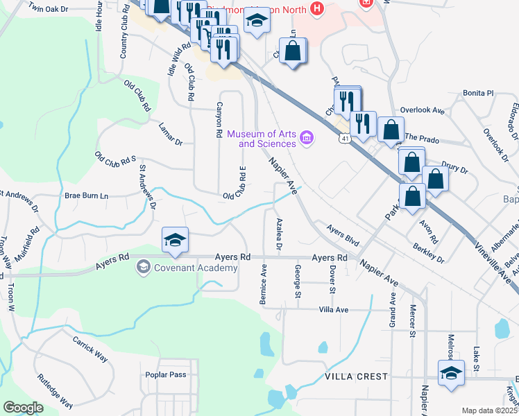 map of restaurants, bars, coffee shops, grocery stores, and more near 4460 Club Trce in Macon
