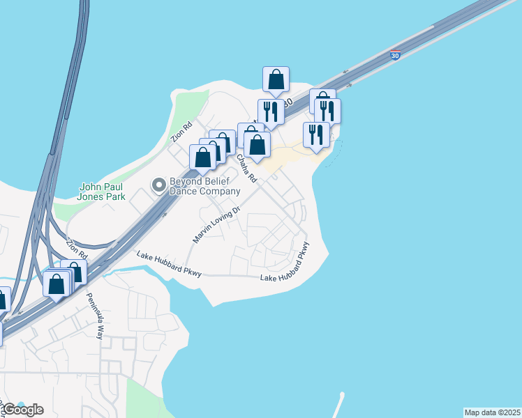map of restaurants, bars, coffee shops, grocery stores, and more near 5401 Zion Road in Garland