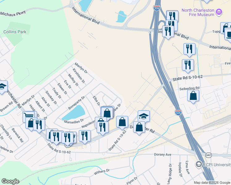 map of restaurants, bars, coffee shops, grocery stores, and more near 5037 Westview Street in North Charleston