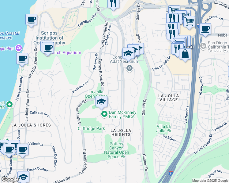 map of restaurants, bars, coffee shops, grocery stores, and more near 8525 Nottingham Place in San Diego