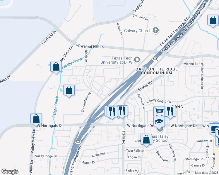 map of restaurants, bars, coffee shops, grocery stores, and more near 3600 Block Drive in Irving