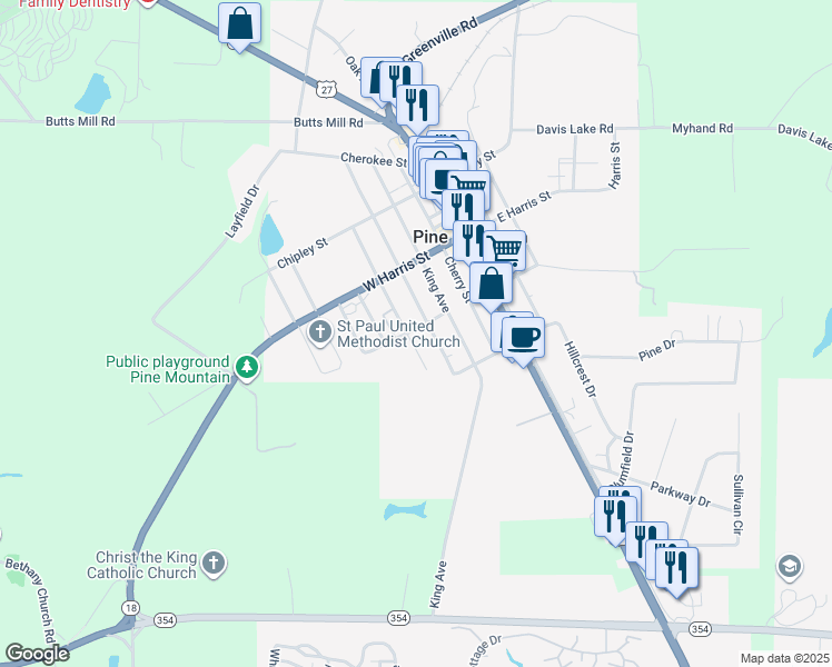 map of restaurants, bars, coffee shops, grocery stores, and more near 417 Georgia Street in Pine Mountain