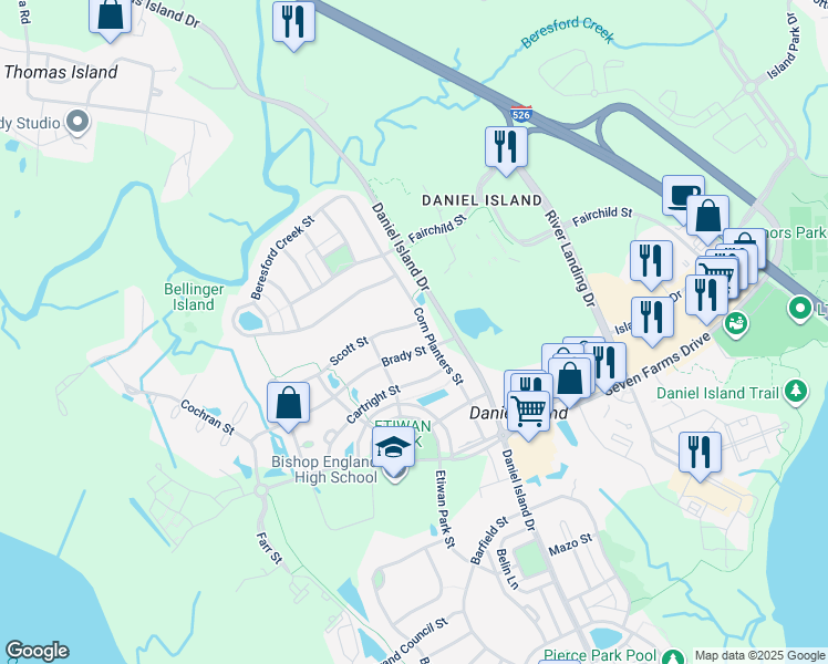 map of restaurants, bars, coffee shops, grocery stores, and more near 150 Corn Planters Street in Charleston
