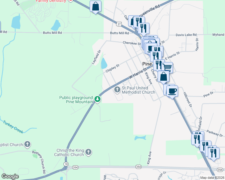 map of restaurants, bars, coffee shops, grocery stores, and more near 121 Wood Avenue in Pine Mountain