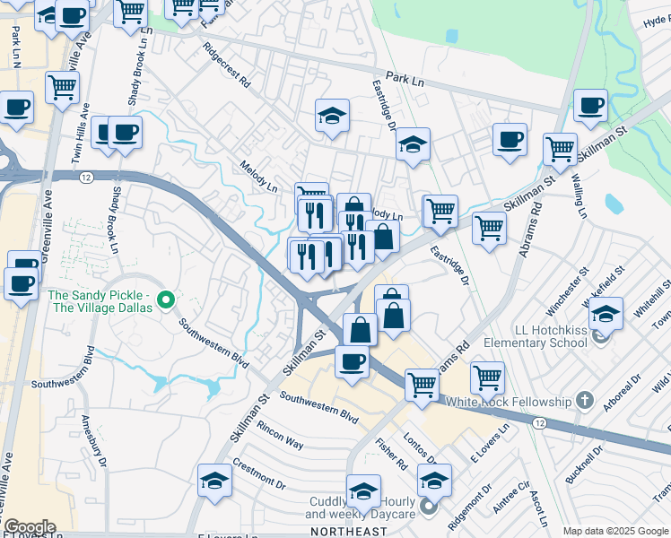 map of restaurants, bars, coffee shops, grocery stores, and more near Retail Road in Dallas