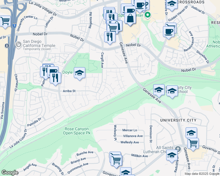 map of restaurants, bars, coffee shops, grocery stores, and more near 4140 Camino Huerta in San Diego
