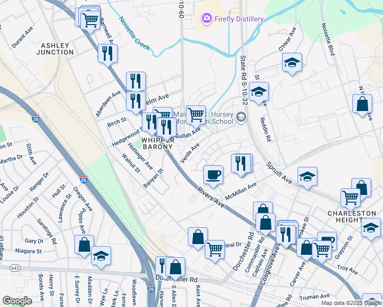 map of restaurants, bars, coffee shops, grocery stores, and more near 3823 Verde Avenue in North Charleston
