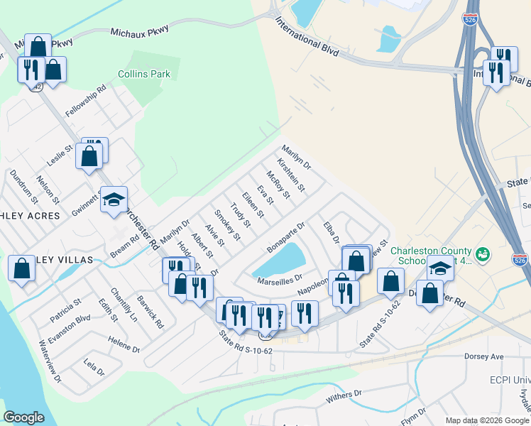 map of restaurants, bars, coffee shops, grocery stores, and more near 5308 Eileen Street in North Charleston