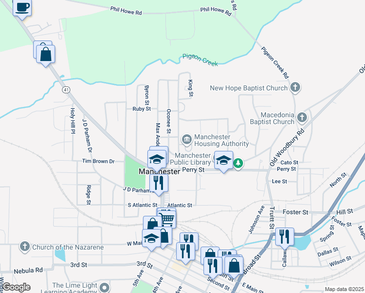 map of restaurants, bars, coffee shops, grocery stores, and more near 524 Martin Luther King JR Drive in Manchester