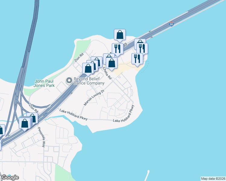 map of restaurants, bars, coffee shops, grocery stores, and more near 5401 Zion Road in Garland