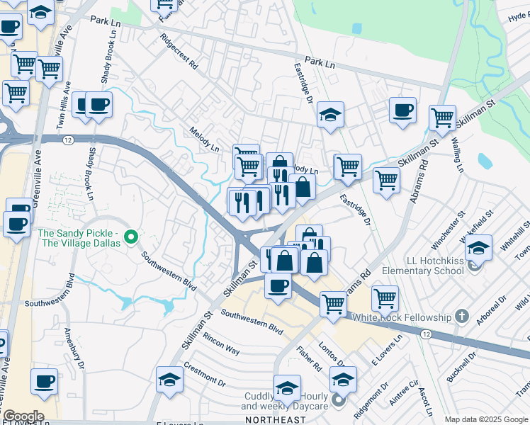 map of restaurants, bars, coffee shops, grocery stores, and more near 6243 Retail Road in Dallas