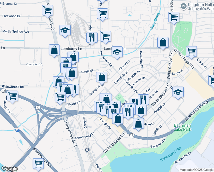 map of restaurants, bars, coffee shops, grocery stores, and more near 3012 Storey Lane in Dallas