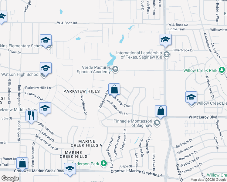 map of restaurants, bars, coffee shops, grocery stores, and more near 4962 Wildcreek Way in Fort Worth