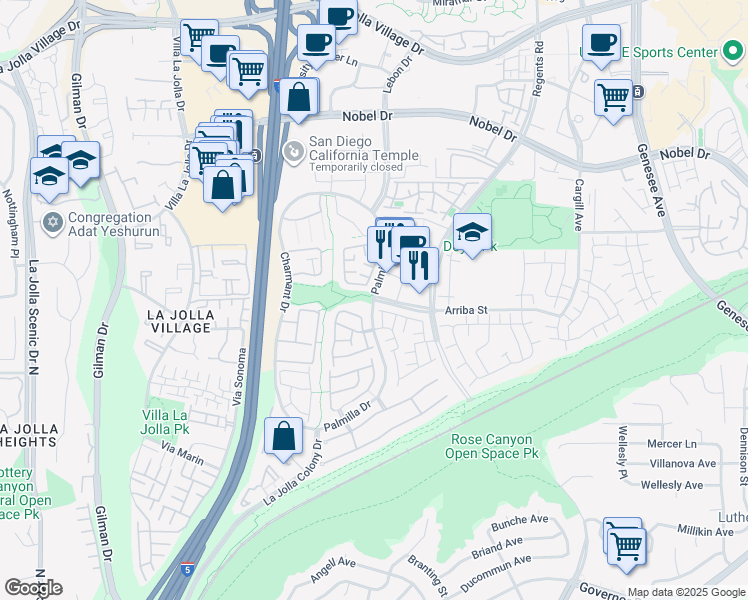 map of restaurants, bars, coffee shops, grocery stores, and more near Palmilla Drive & Arriba Street in San Diego
