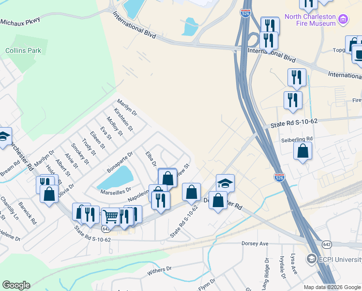 map of restaurants, bars, coffee shops, grocery stores, and more near 5037 Westview Street in North Charleston