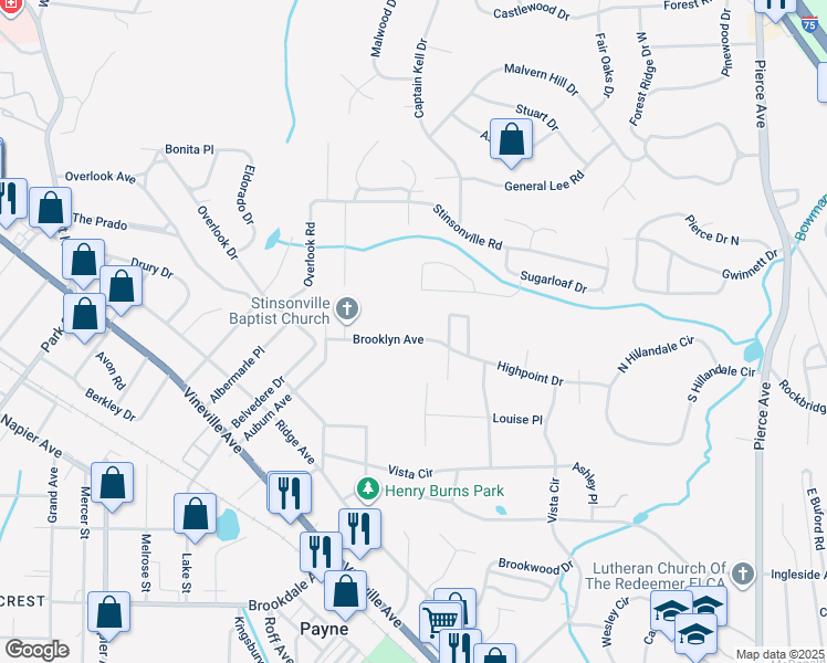 map of restaurants, bars, coffee shops, grocery stores, and more near 3355 Brooklyn Avenue in Macon