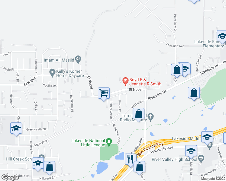 map of restaurants, bars, coffee shops, grocery stores, and more near 11342 El Nopal in Lakeside
