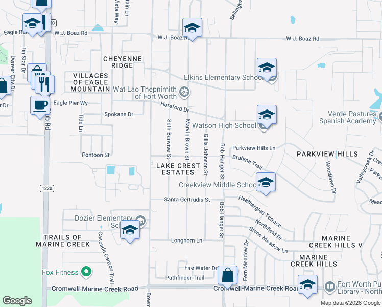map of restaurants, bars, coffee shops, grocery stores, and more near 6900 Marvin Brown Street in Fort Worth