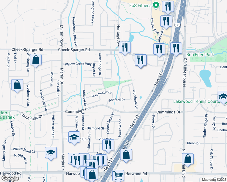 map of restaurants, bars, coffee shops, grocery stores, and more near 3617 Dorchester Drive in Bedford