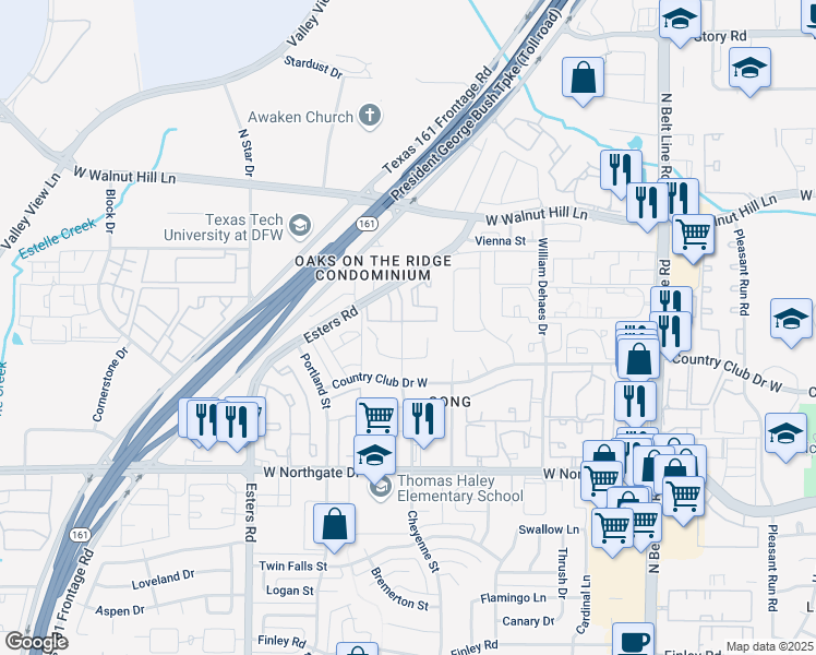 map of restaurants, bars, coffee shops, grocery stores, and more near 3828 Cheyenne Street in Irving