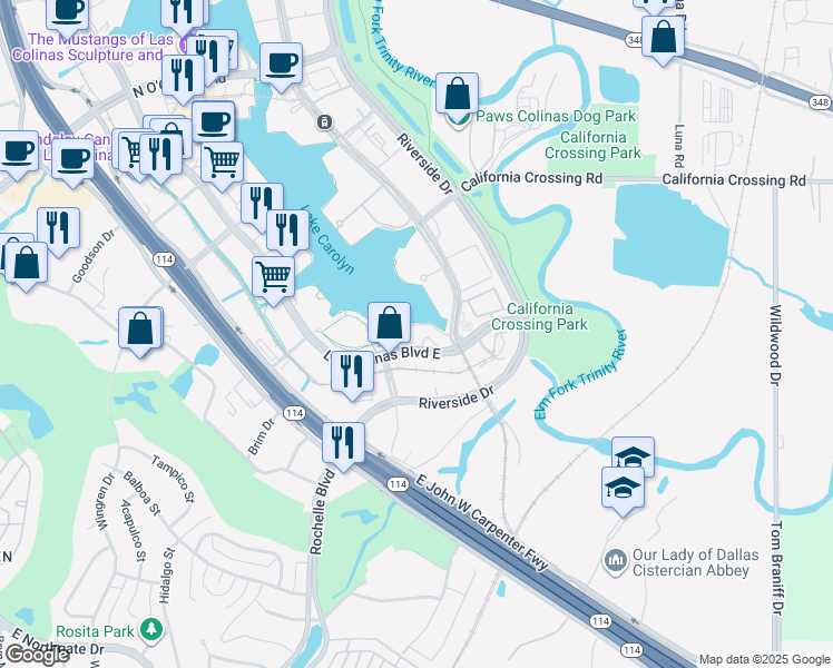 map of restaurants, bars, coffee shops, grocery stores, and more near 601 Las Colinas Boulevard East in Irving