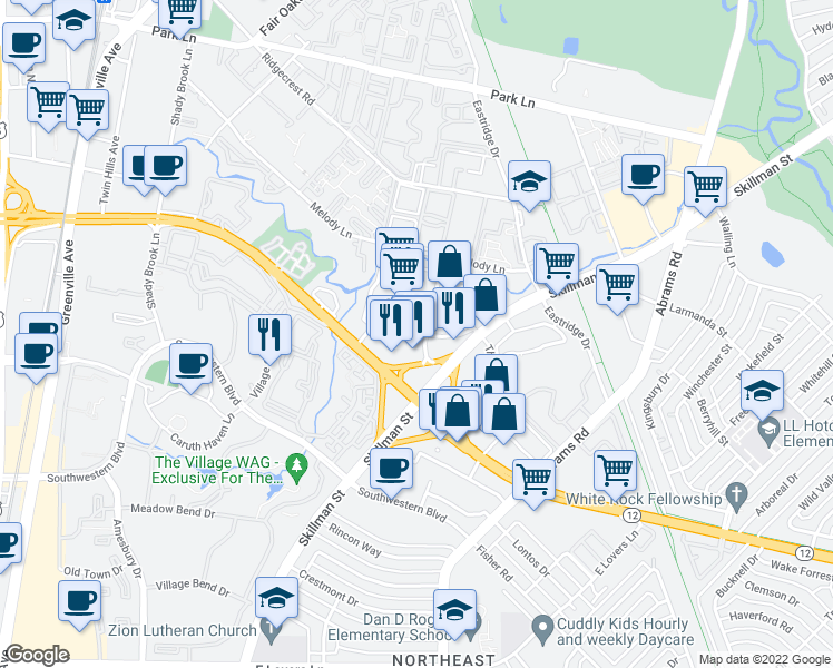 map of restaurants, bars, coffee shops, grocery stores, and more near Retail Road in Dallas