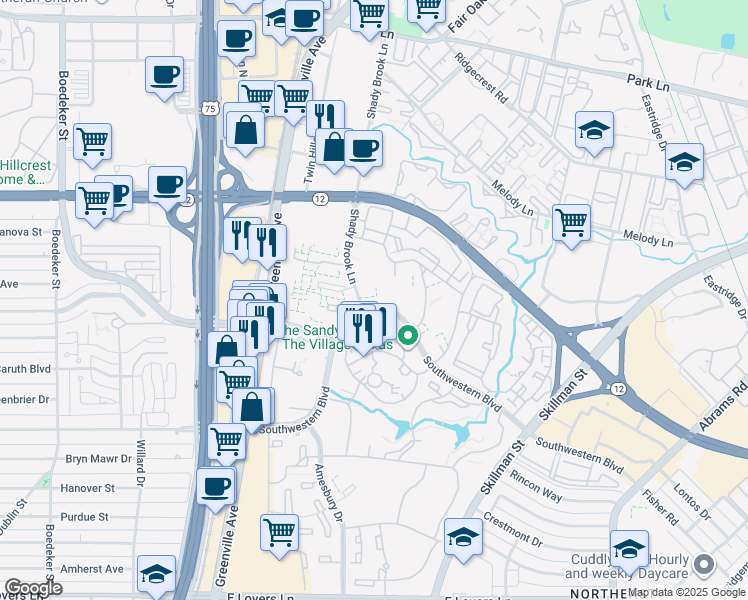 map of restaurants, bars, coffee shops, grocery stores, and more near 6306 Shady Brook Lane in Dallas