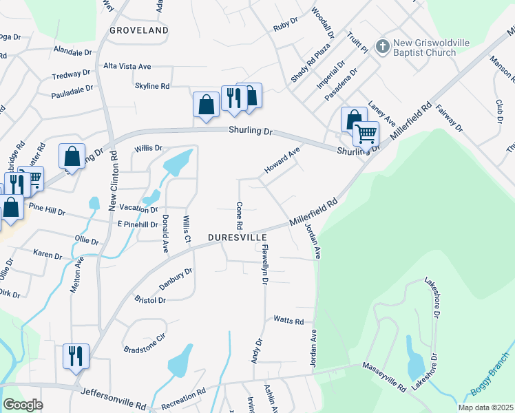 map of restaurants, bars, coffee shops, grocery stores, and more near 2960 Wells Drive in Macon