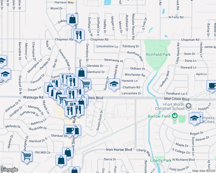map of restaurants, bars, coffee shops, grocery stores, and more near 6400 Sunrise Drive in North Richland Hills