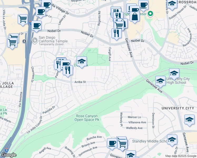 map of restaurants, bars, coffee shops, grocery stores, and more near 3938 Via Tranquilo in San Diego