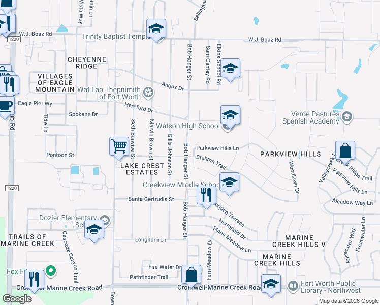 map of restaurants, bars, coffee shops, grocery stores, and more near 5912 Parkview Hills Lane in Fort Worth