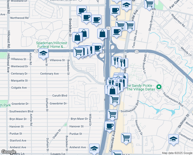 map of restaurants, bars, coffee shops, grocery stores, and more near 26 Lincoln Park Drive in Dallas