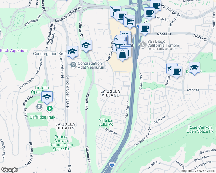 map of restaurants, bars, coffee shops, grocery stores, and more near 3148 Via Alicante in San Diego