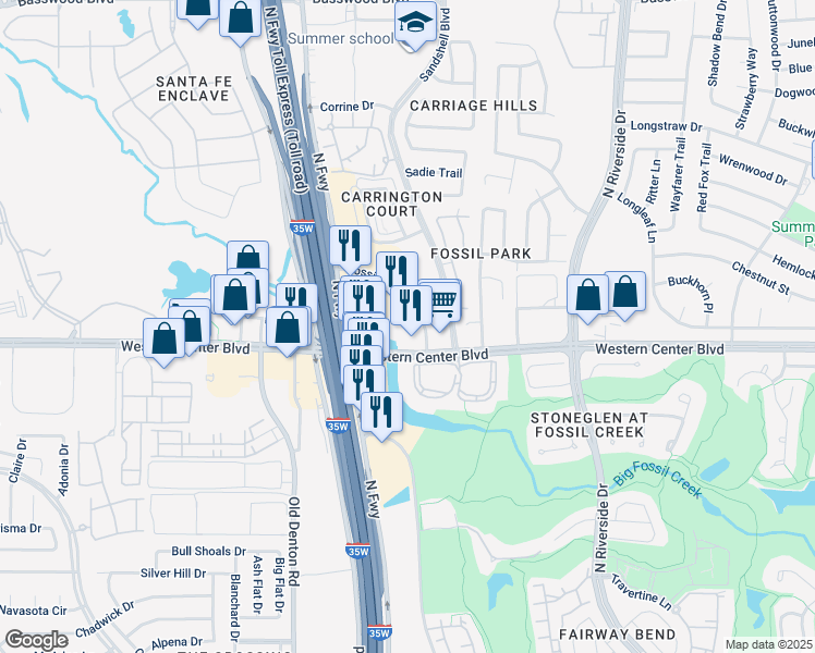 map of restaurants, bars, coffee shops, grocery stores, and more near 6613 Fossil Bluff Drive in Fort Worth